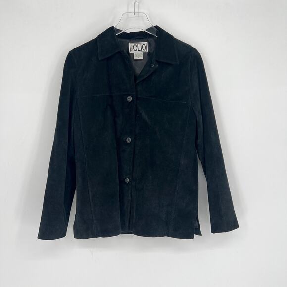 Vtg Clio‎ Leather Suede Jacket Womens 8 Black Y2K Shacket Grunge Classic Basic - Picture 1 of 5